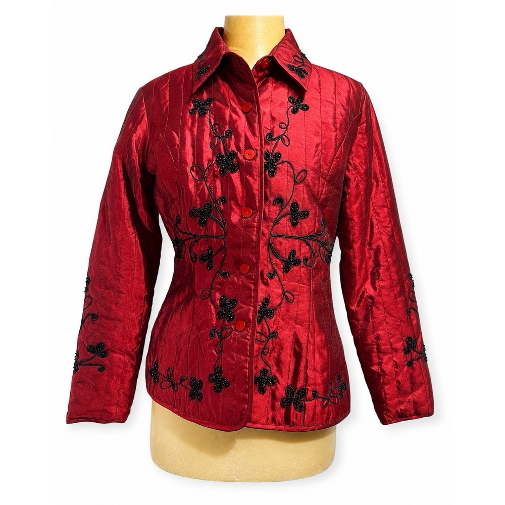 NWT Anne Carson Women Small Red 100% Silk Quilted Embroidered Beaded Jacket